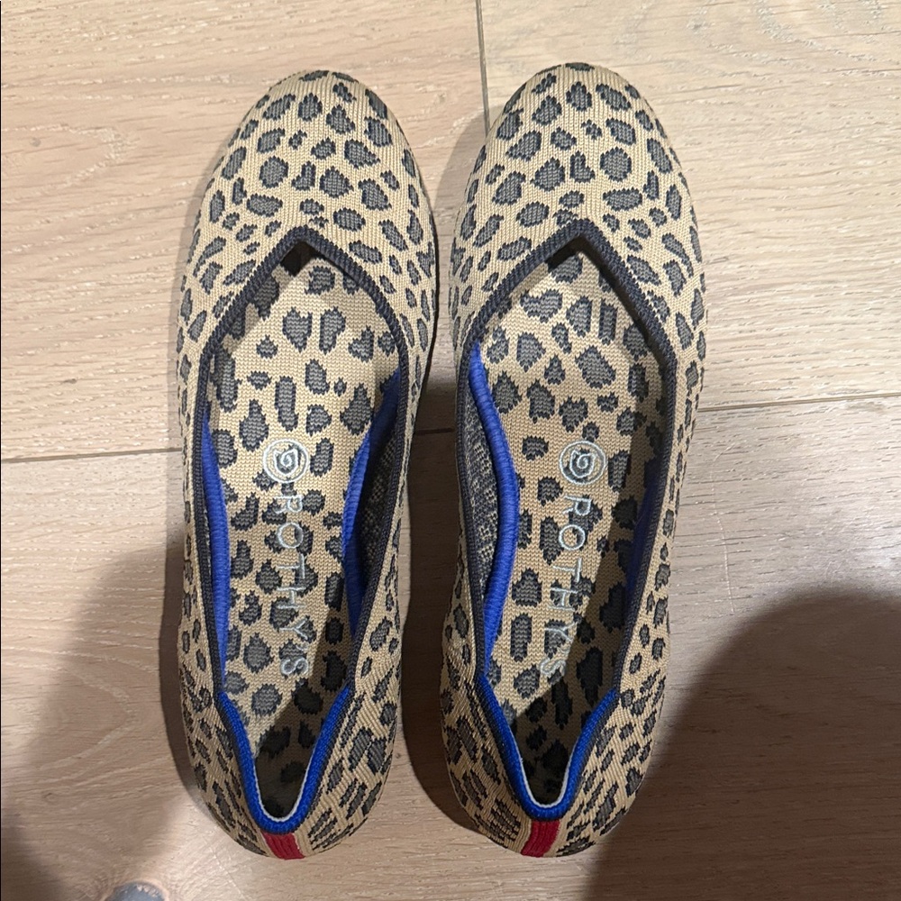 Rothy's Leopard Print Flats with Blue and Red Accents